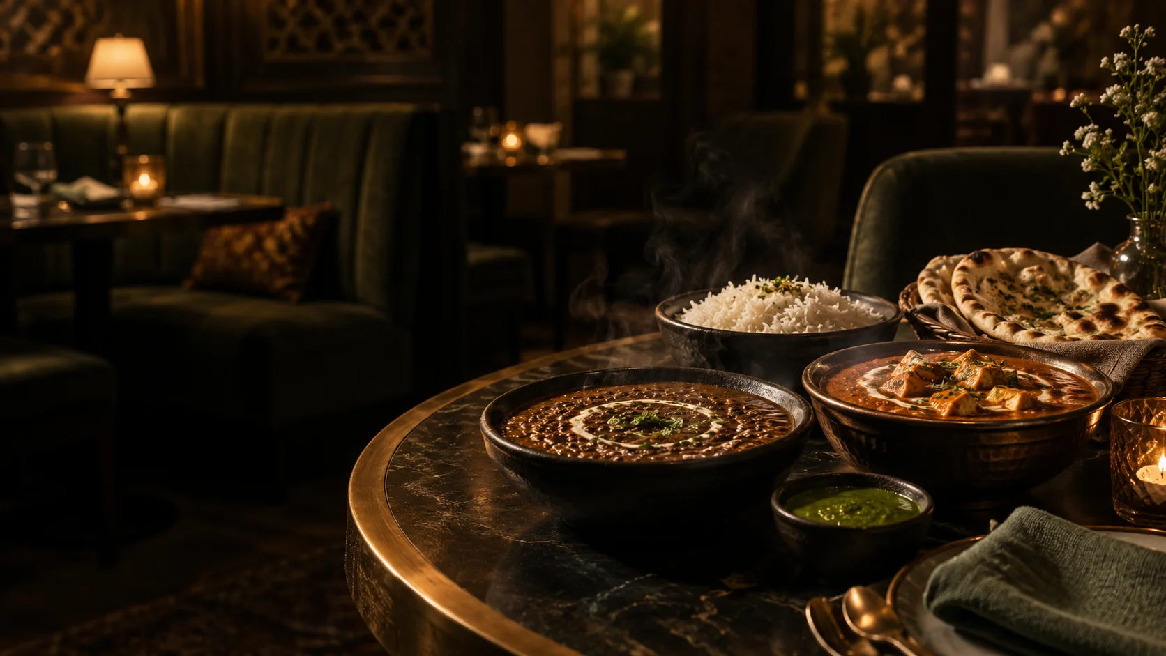 Illustrative Indian sharing dinner; an AI-created restaurant scene